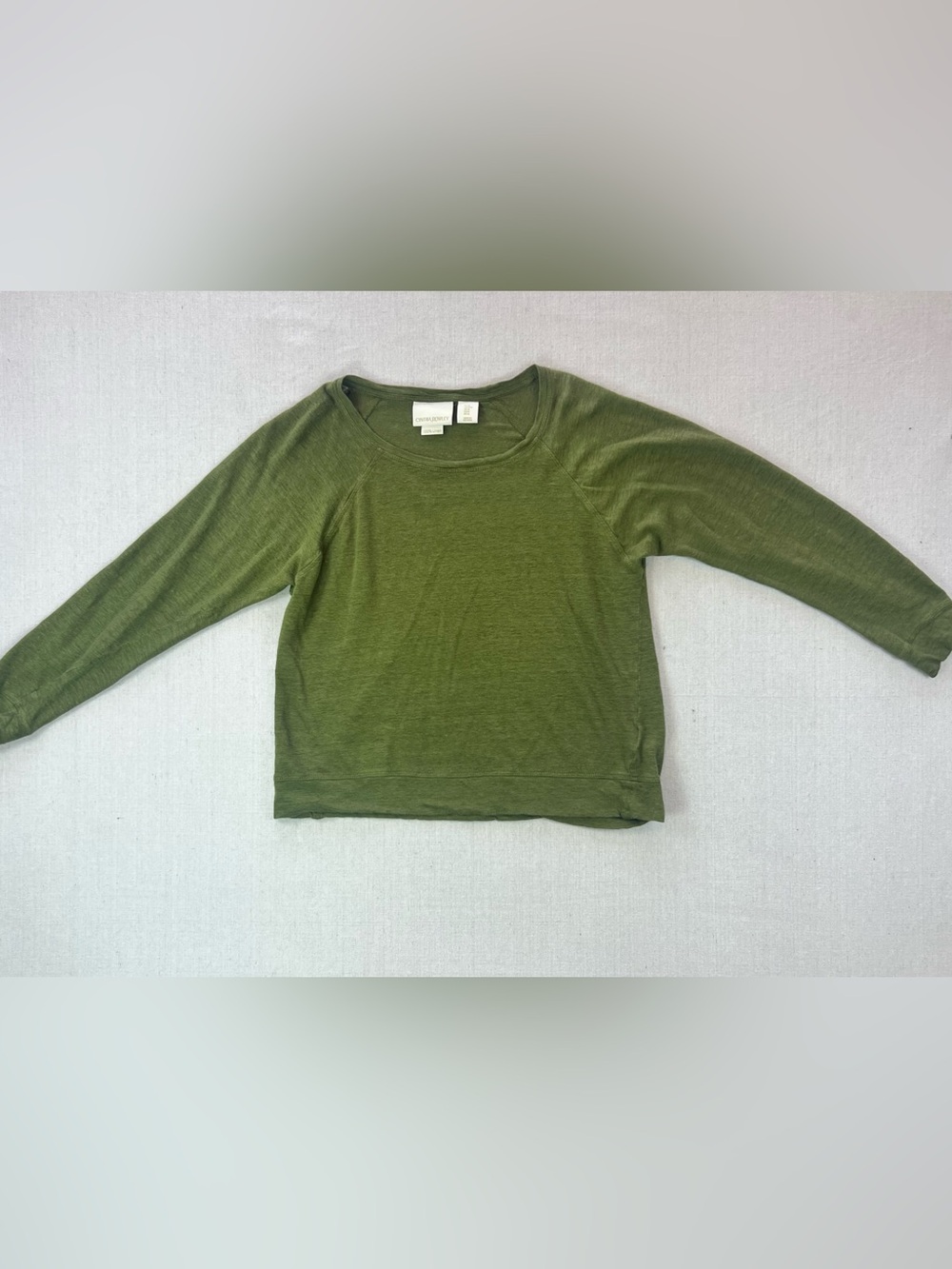 Women’s Linen Olive Green Lightweight Long Sleeve Coastal Minimal Casual Top - M